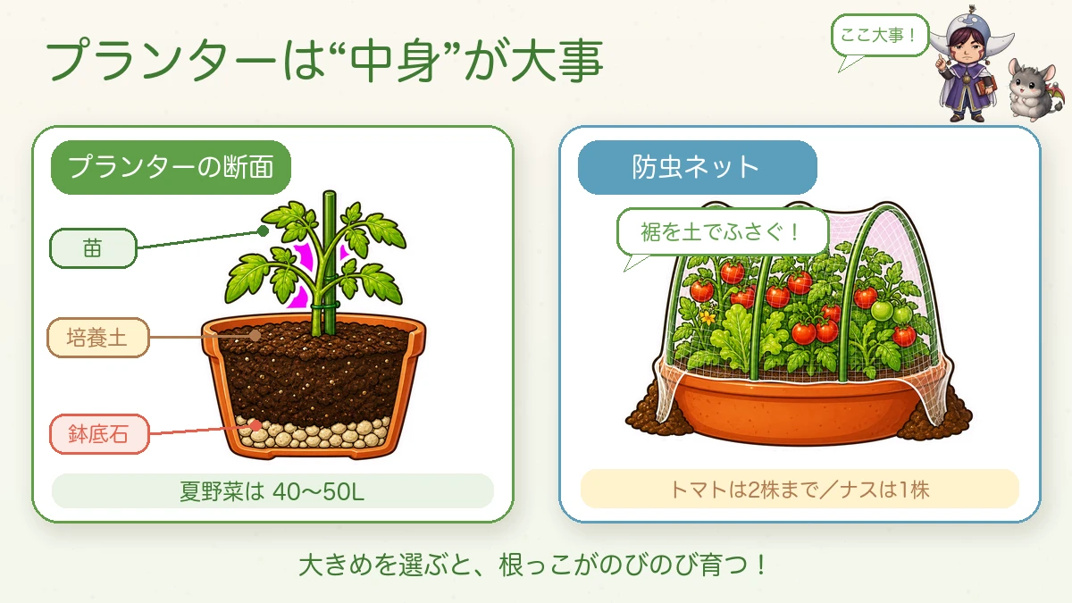プランターの中身と防虫ネット