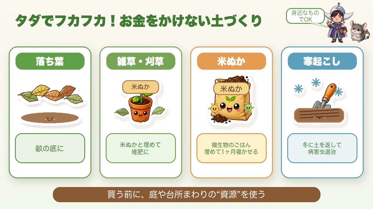 落ち葉や米ぬかでタダの土づくり