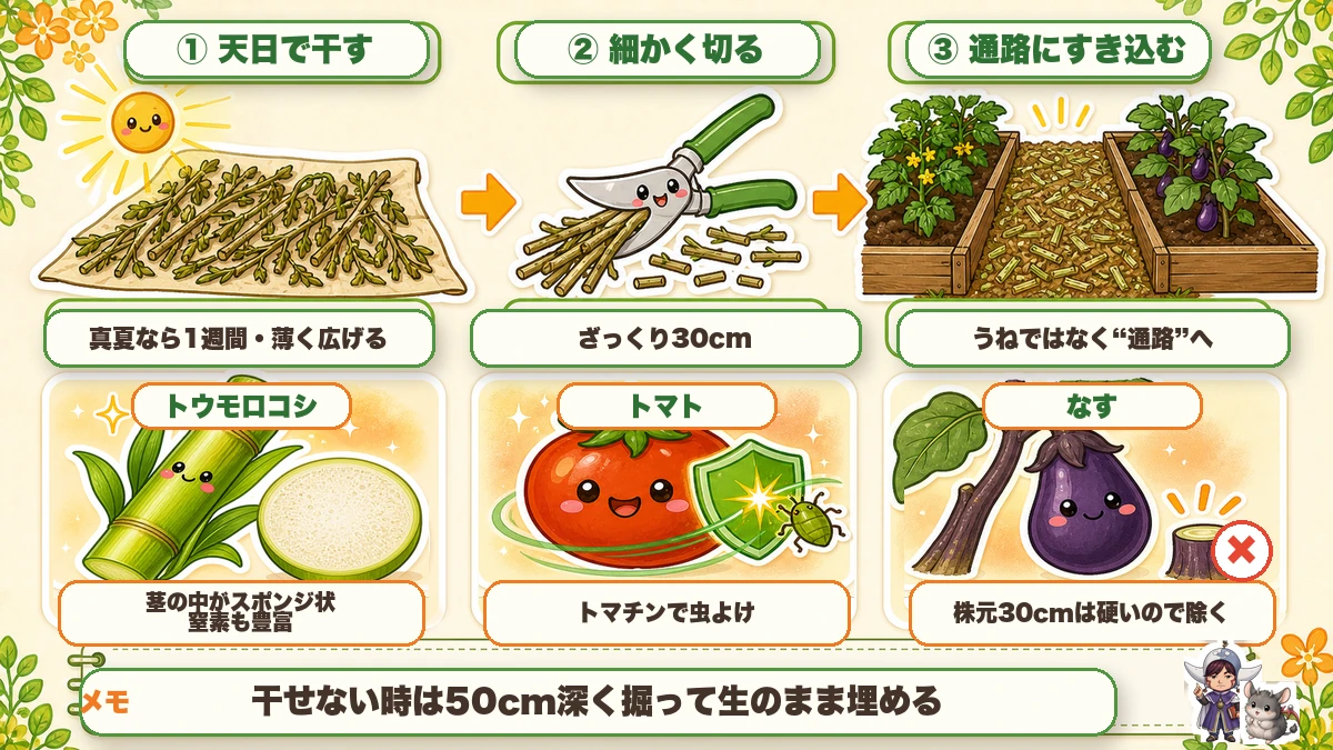 抜いた茎は通路にすき込む