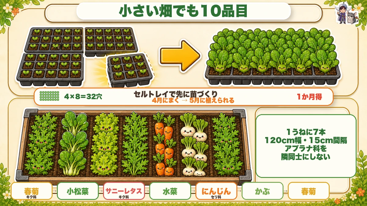 小さい畑でも10品目つくる2つの方法