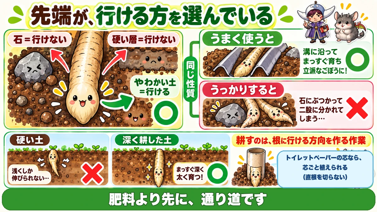 根は抵抗の少ない方へ