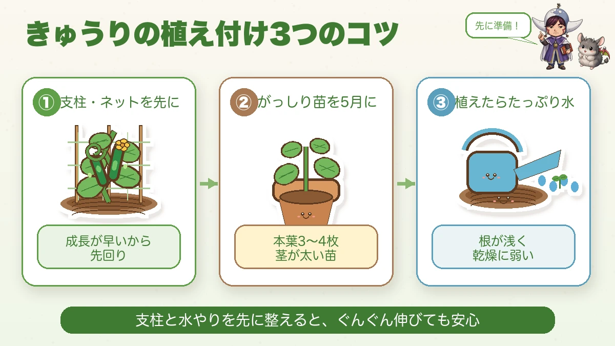 きゅうりの植え付け。支柱とネットは植える前か当日に立てる。株間40〜50cm、高さ1.8〜2m