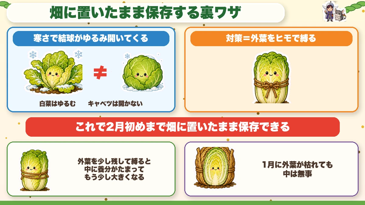 外葉をヒモで縛って畑で保存する