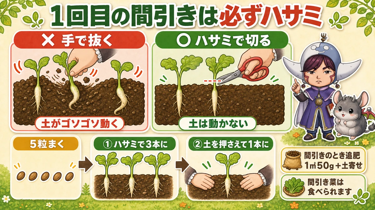 1回目の間引きは必ずハサミで
