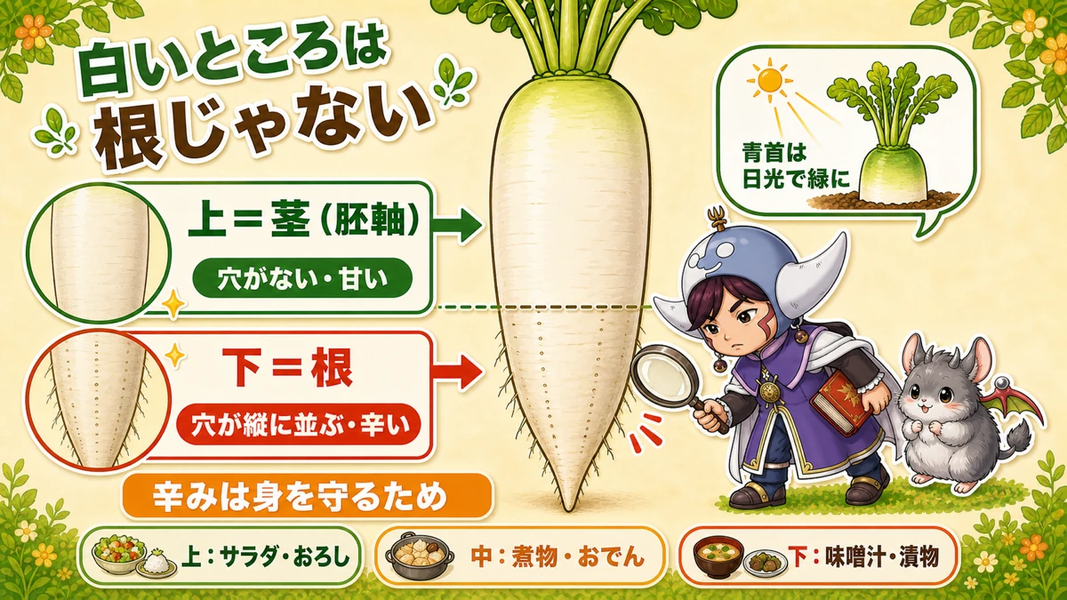 大根の上は茎 下は根