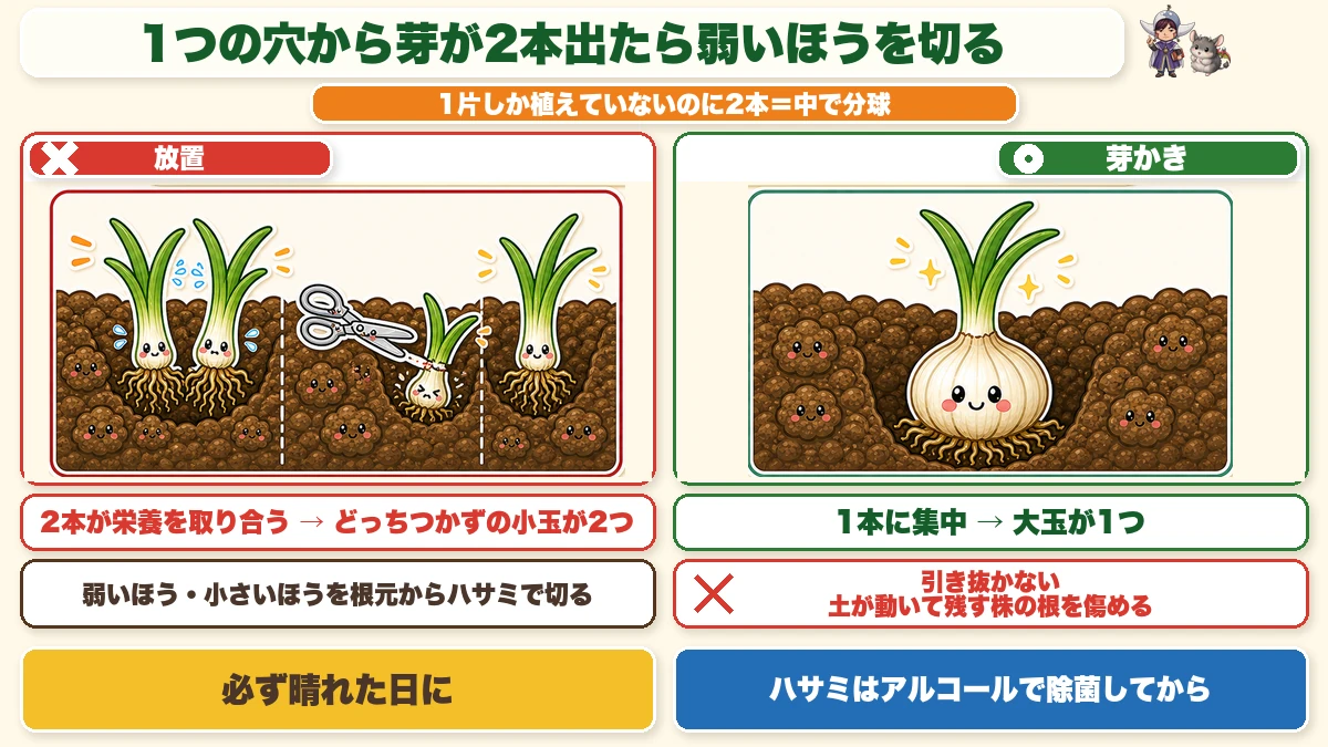 1つの穴から芽が2本出たら弱いほうを切る