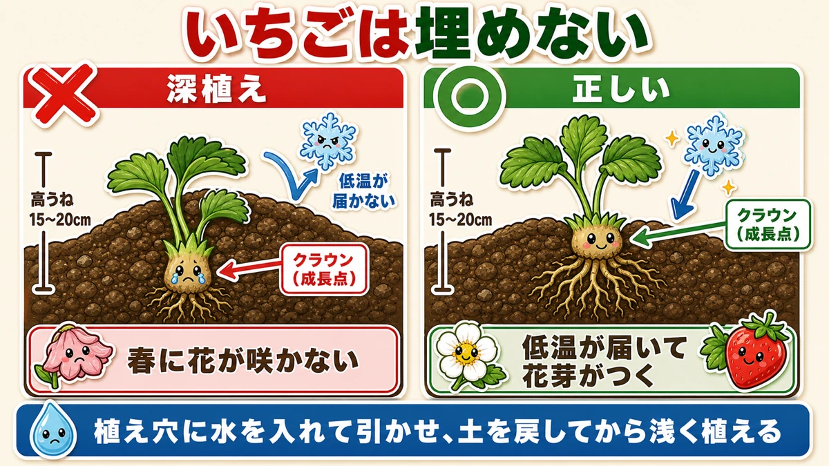 いちごのクラウンを埋めた場合と正しく植えた場合の比較