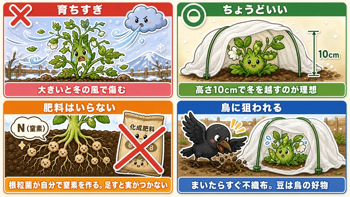 そら豆とスナップエンドウは小さいまま冬を越す