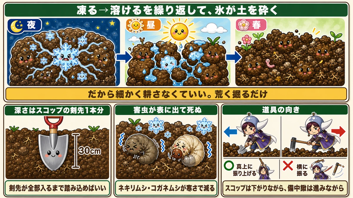 寒起こしのしくみと深さ30cmの目安