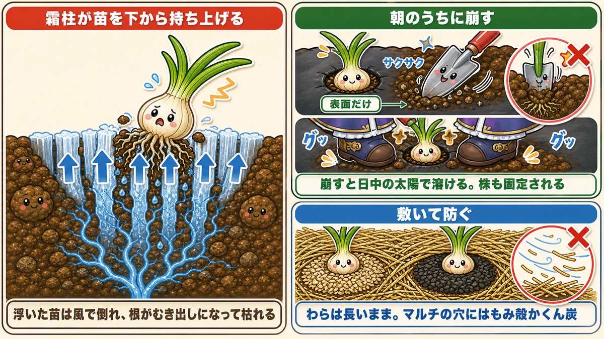 霜柱が苗を持ち上げるしくみと2つの対策