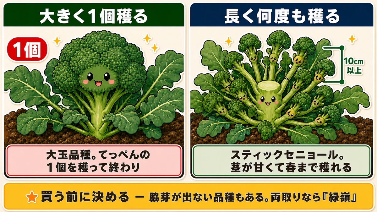 大きく1個穫る品種と、長く何度も穫る茎ブロッコリーの比較