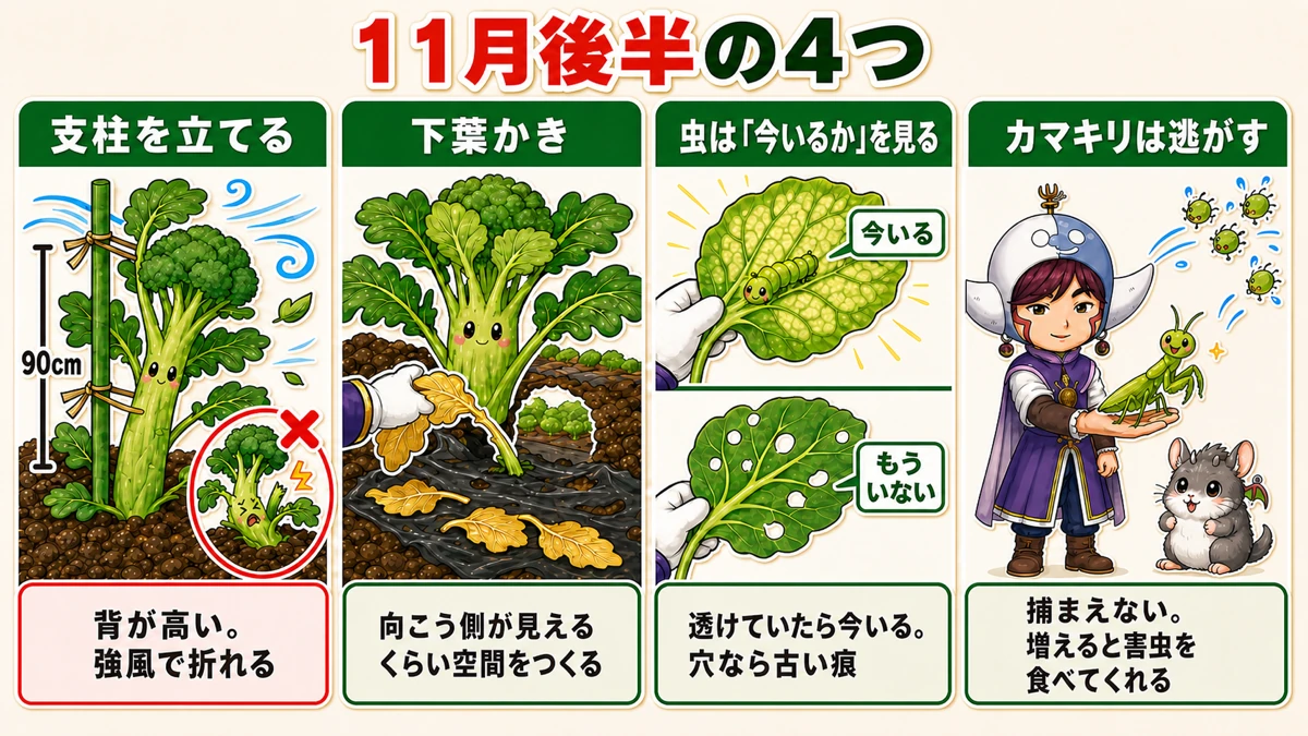 支柱・下葉かき・害虫チェック・カマキリは逃がす