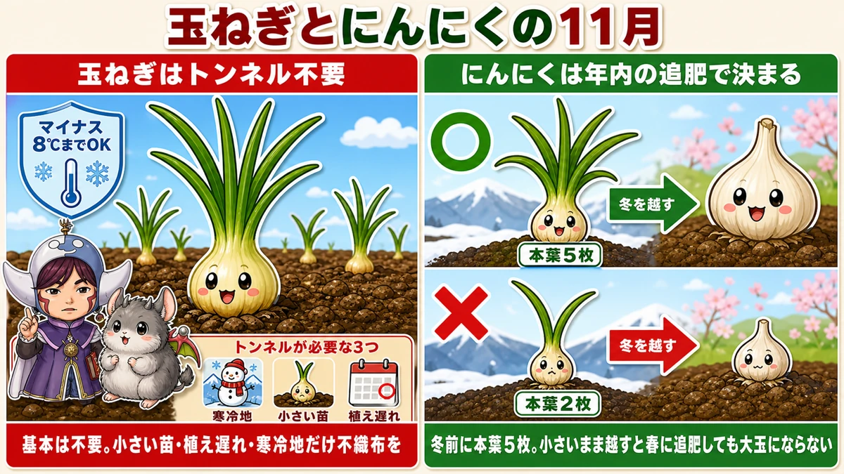 玉ねぎのトンネル要否と、にんにくの年内追肥