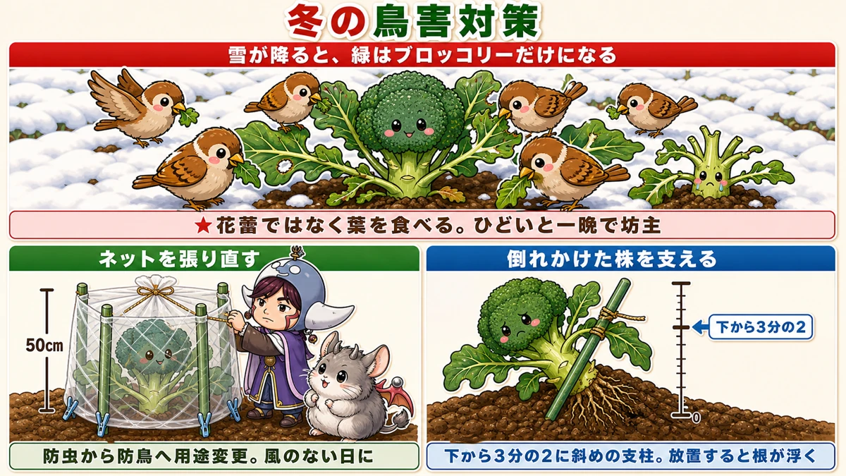 雪の日に鳥がブロッコリーの葉を食べる被害と対策