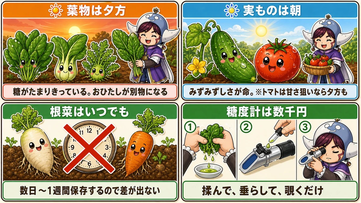 葉物は夕方、実ものは朝、根菜はいつでもという使い分け