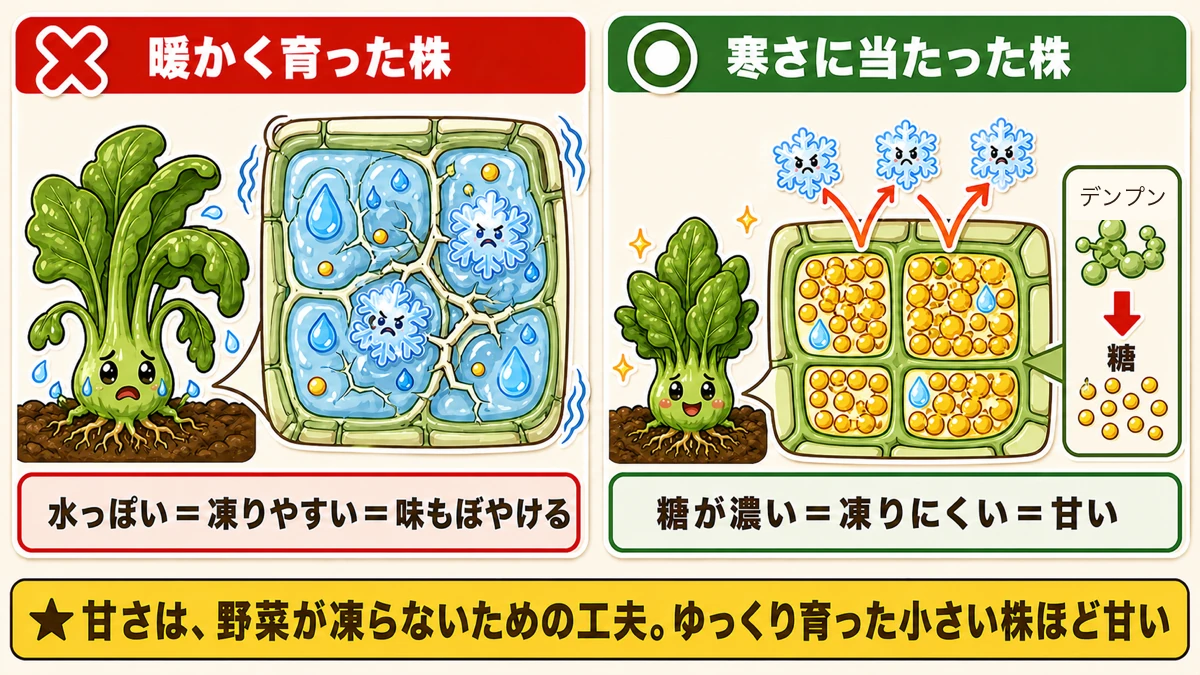 寒さに当たった株は細胞に糖をためて凍りにくくなる