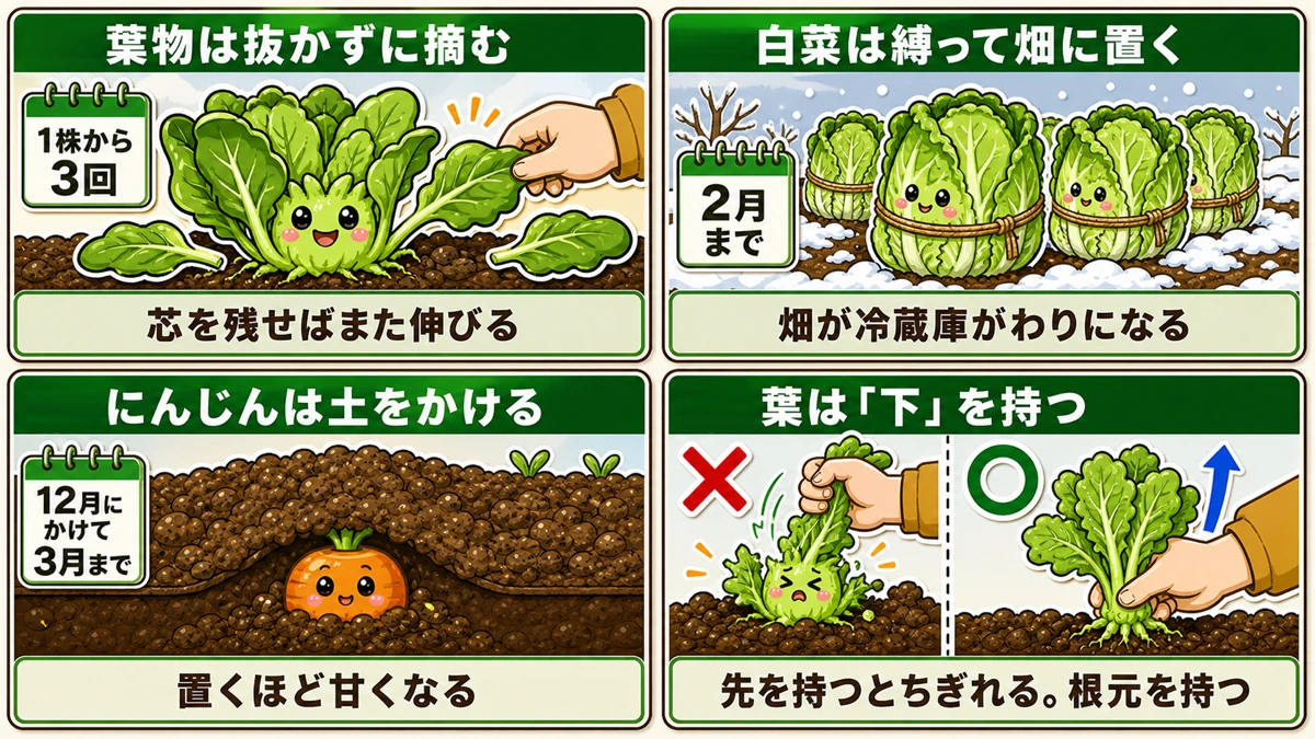 葉物は摘む、白菜は縛る、にんじんは土をかける、葉は下を持つ