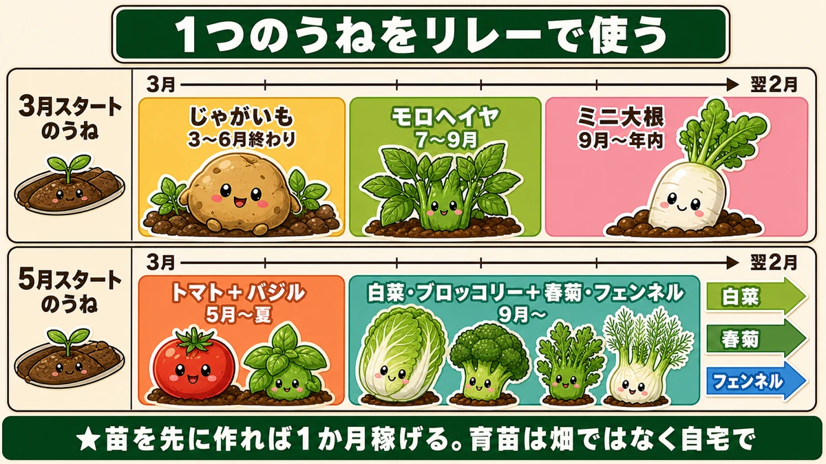 1うねで年3作するリレー栽培の組み方