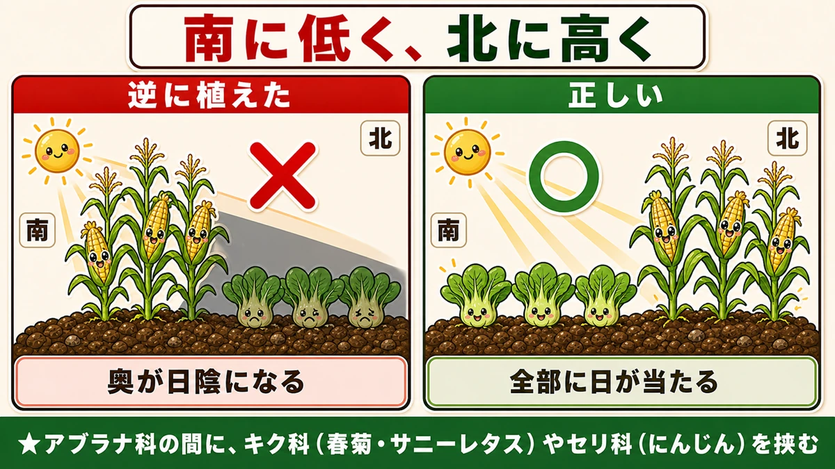 背の高い野菜は北、低い野菜は南に植える