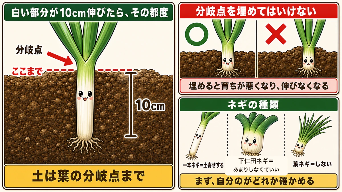 土寄せは葉の分岐点まで、分岐点は埋めない