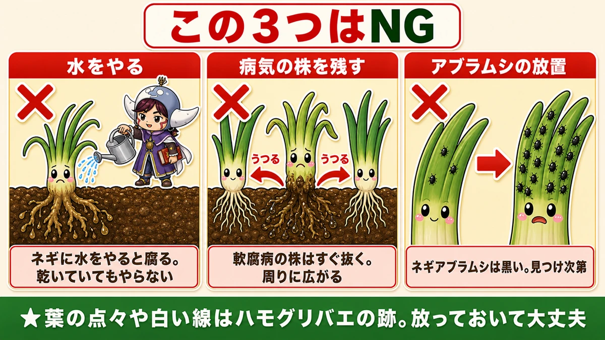 水をやる・病気の株を残す・アブラムシを放置する