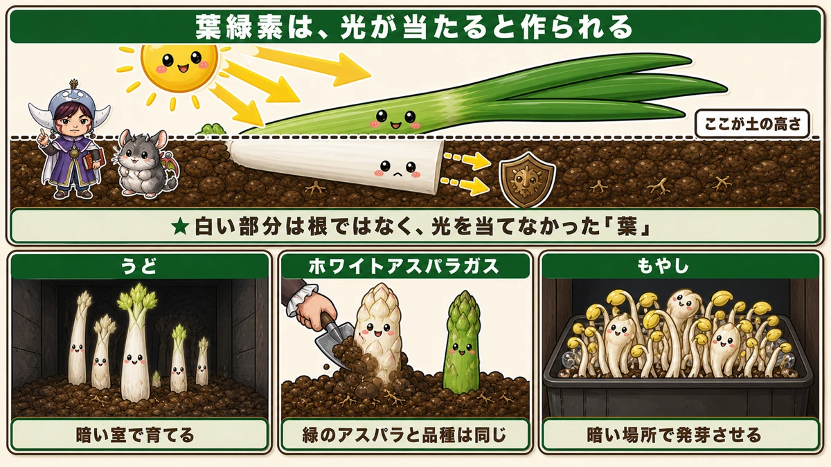 葉緑素は光が当たると作られる、軟白化のしくみ