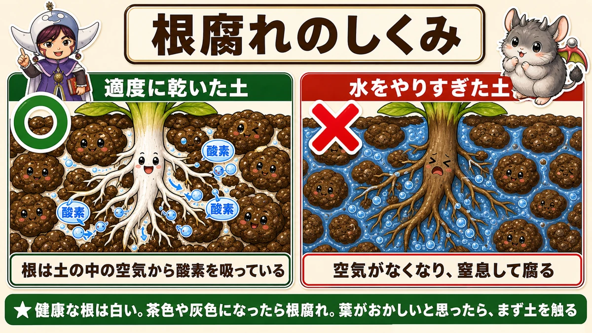 土のすき間の空気と、水で埋まって窒息する根