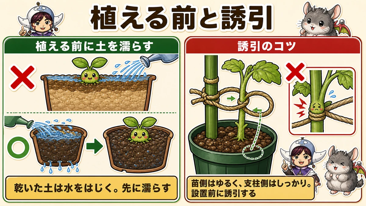 植える前に土を濡らす、誘引は苗側をゆるく