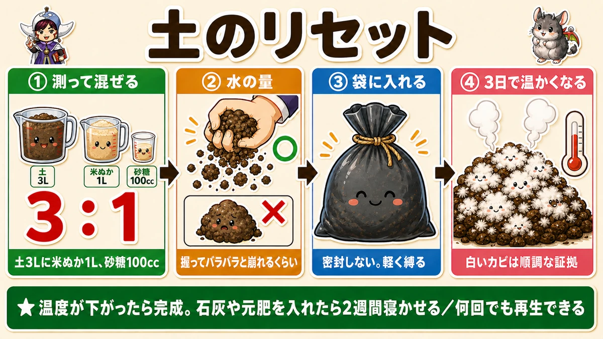 米ぬかで使い終わった土を再生する手順