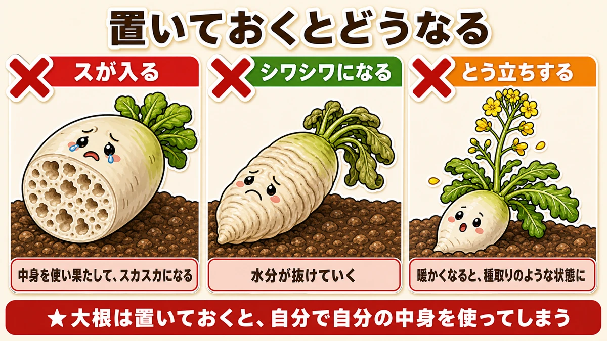 置いておくとスが入り、シワシワになり、とう立ちする
