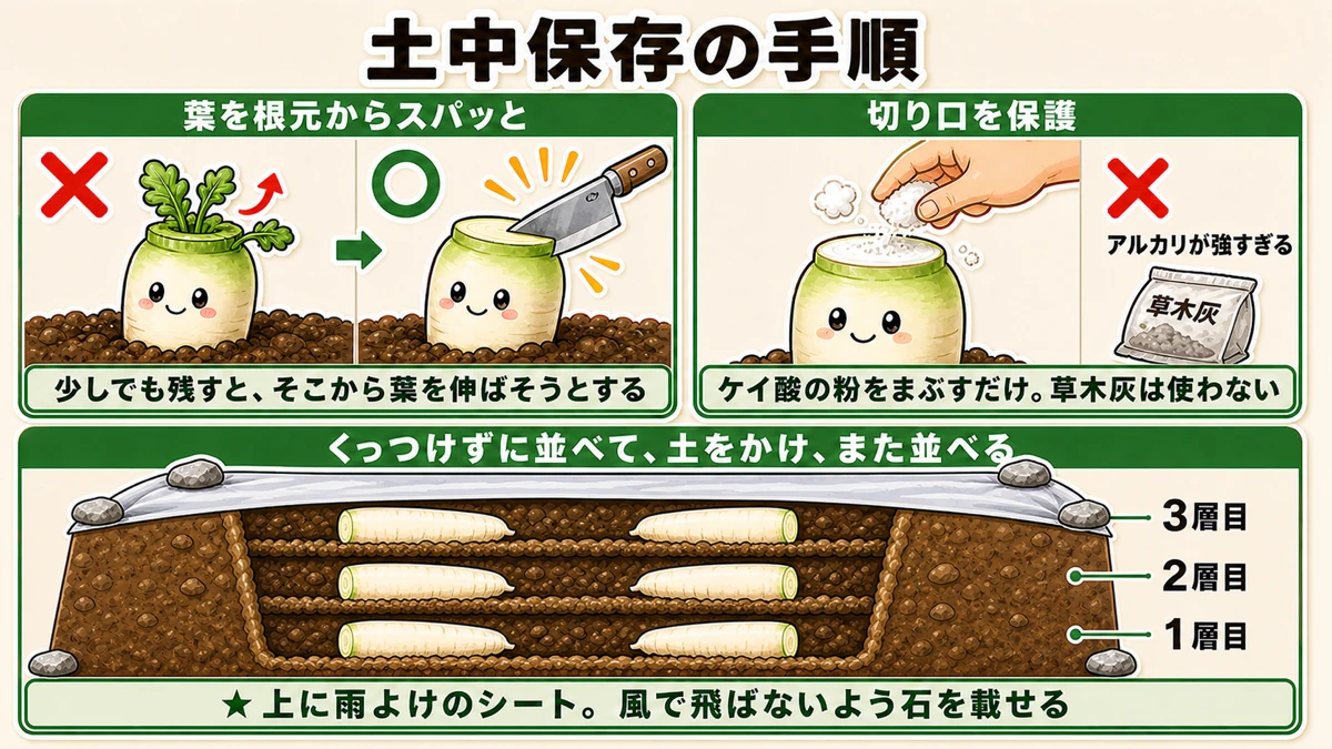 葉を根元から切り、切り口を保護して層にして埋める