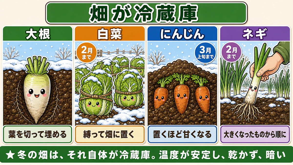 大根・白菜・にんじん・ネギは畑に置いて保存できる