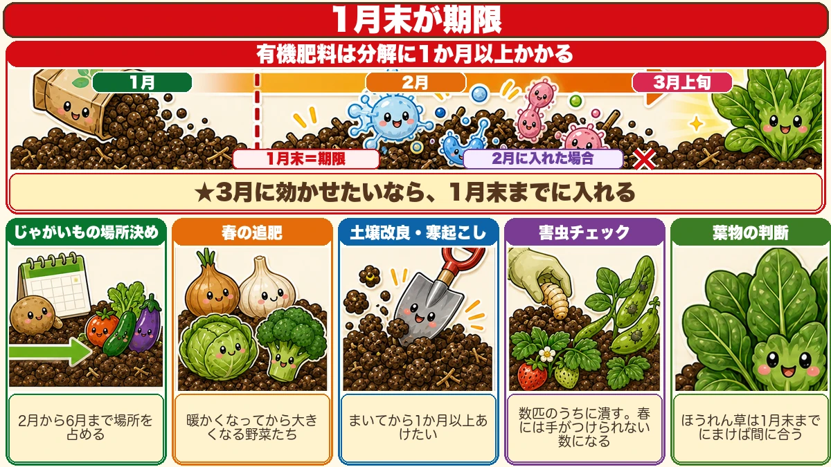 1月に入れた肥料が3月に効く時間軸と、期限のある5つ