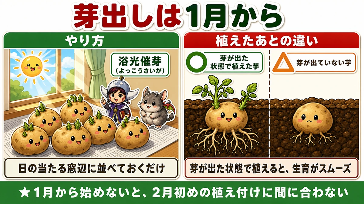 日の当たる窓辺に種芋を並べる浴光催芽
