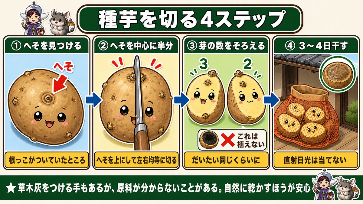 へそを中心に半分、芽の数をそろえ、3〜4日干す