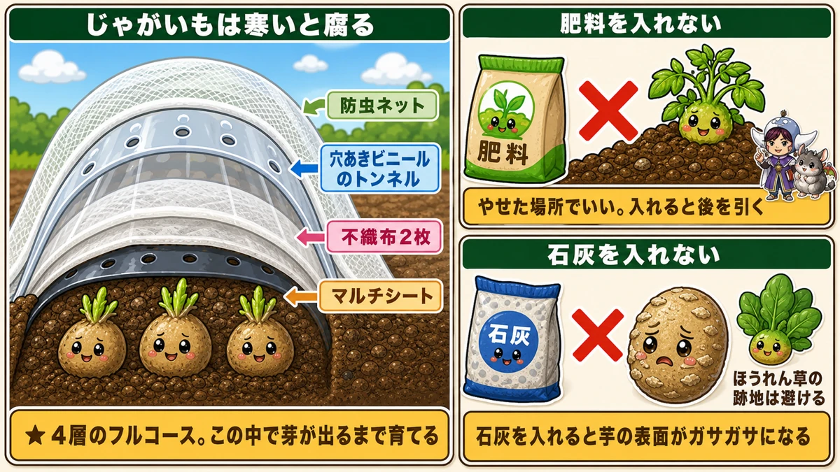 4層のフルコース防寒と、肥料も石灰も入れない