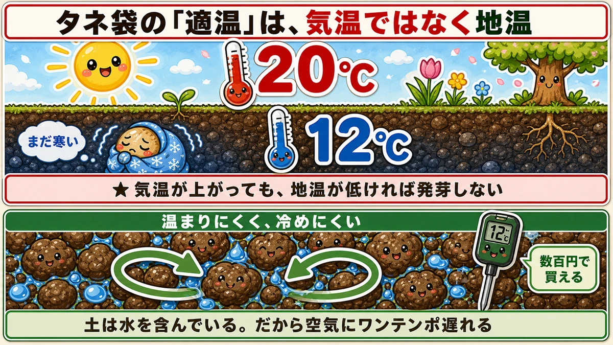 空気20℃でも地温12℃、土は水を含むので遅れる
