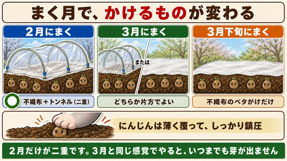 2月まきの防寒は不織布とトンネルの二重