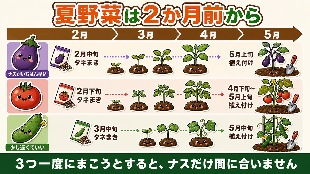 夏野菜は植え付けの2か月前にタネをまく
