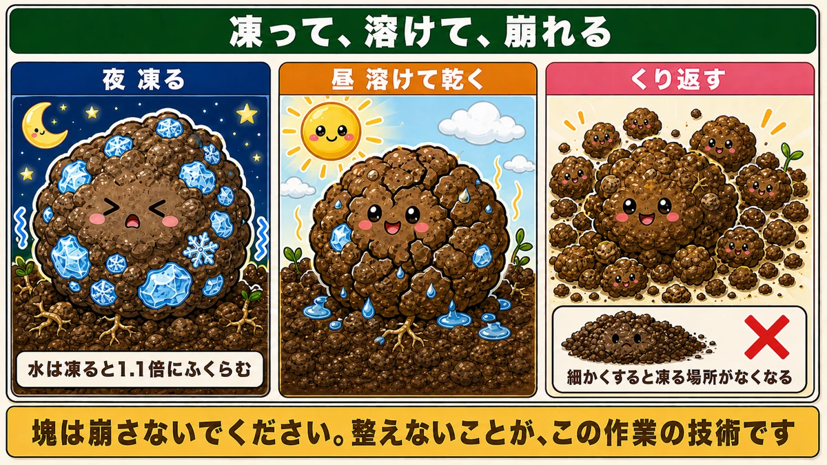 凍って溶けて塊が崩れるしくみ