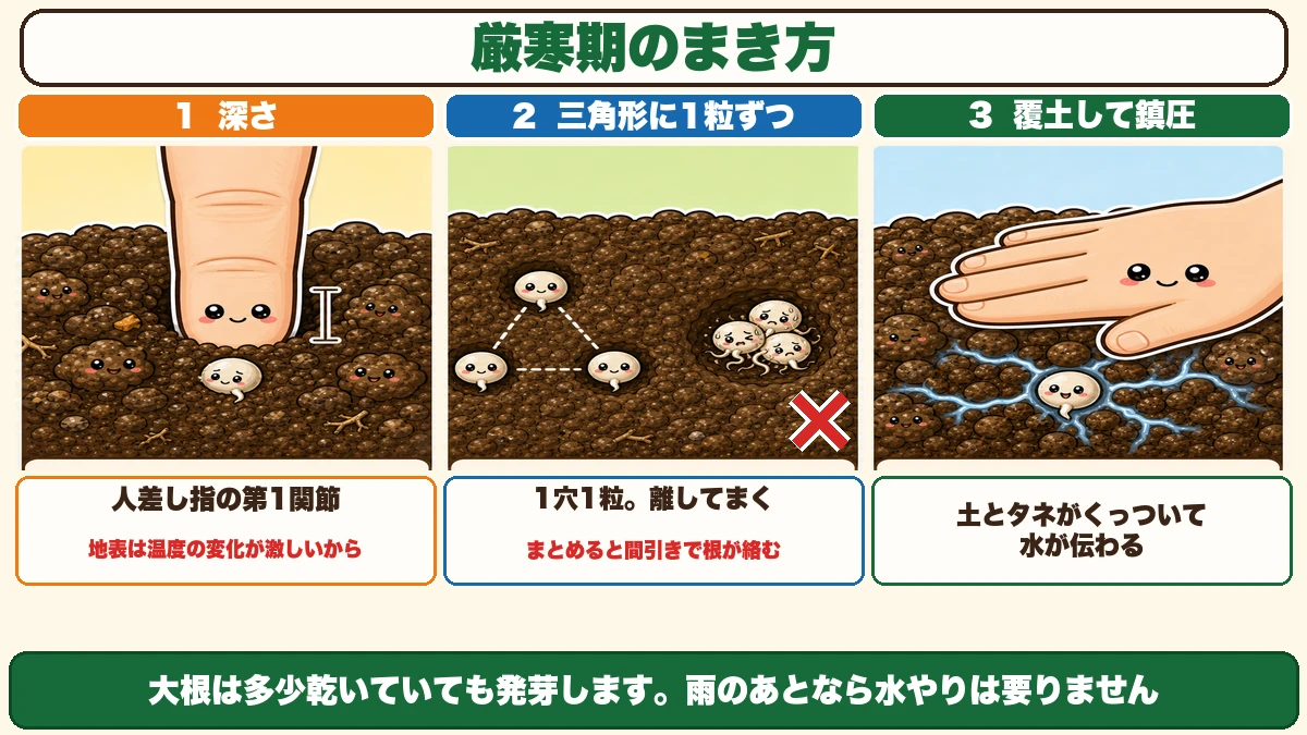 人差し指の第1関節の深さ、三角形に1粒ずつ、鎮圧