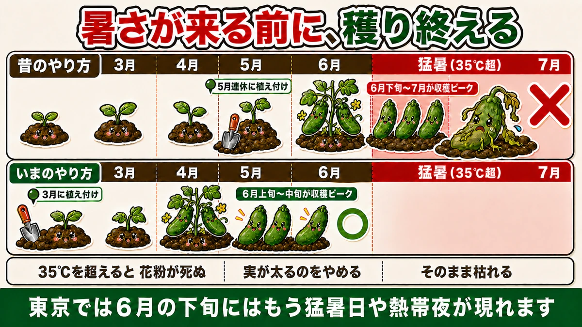 昔と今の栽培ピークと猛暑の時期