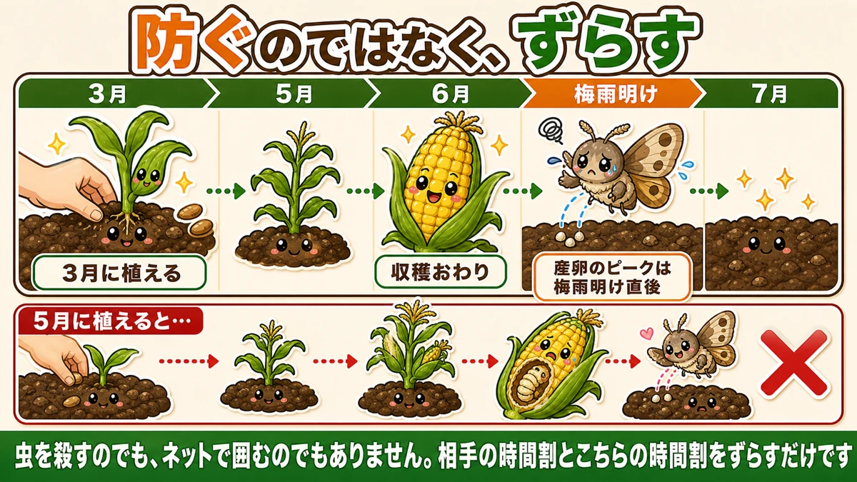 3月に植えるとアワノメイガの産卵前に収穫が終わる