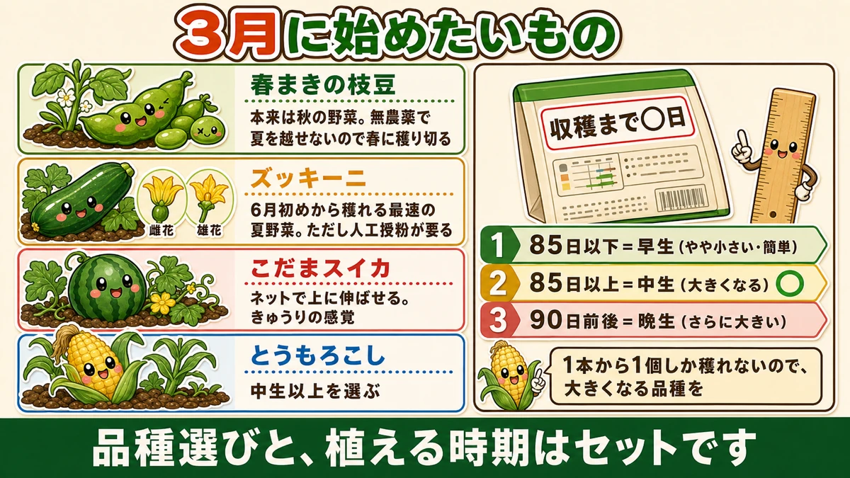 3月に始めたい野菜とタネ袋の日数