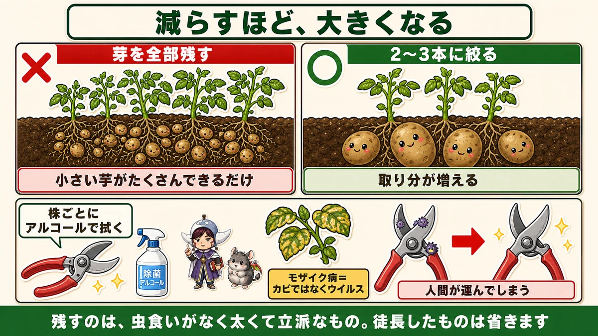芽を2〜3本に絞る、ハサミの除菌とモザイク病