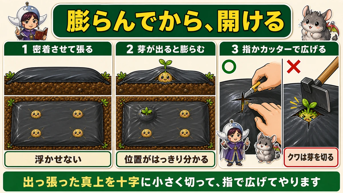 マルチが膨らんでから指かカッターで開ける