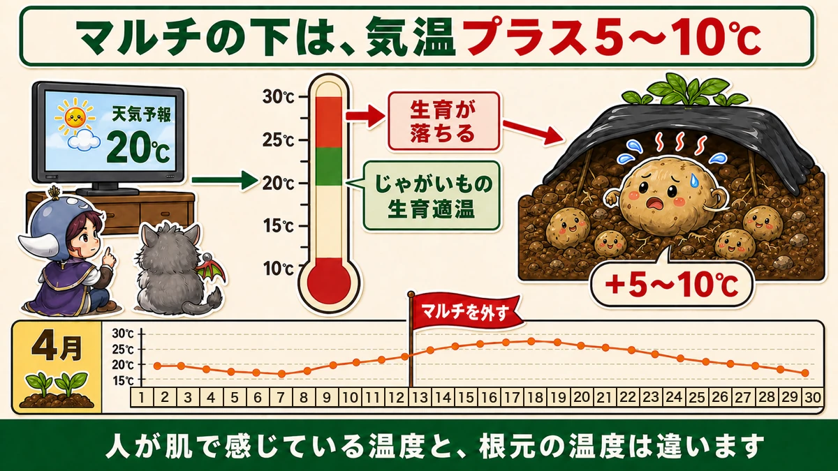 マルチの下は気温プラス5〜10℃、4月中旬に外す