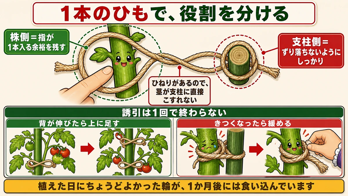 株側はゆるく支柱側はきつく結ぶ