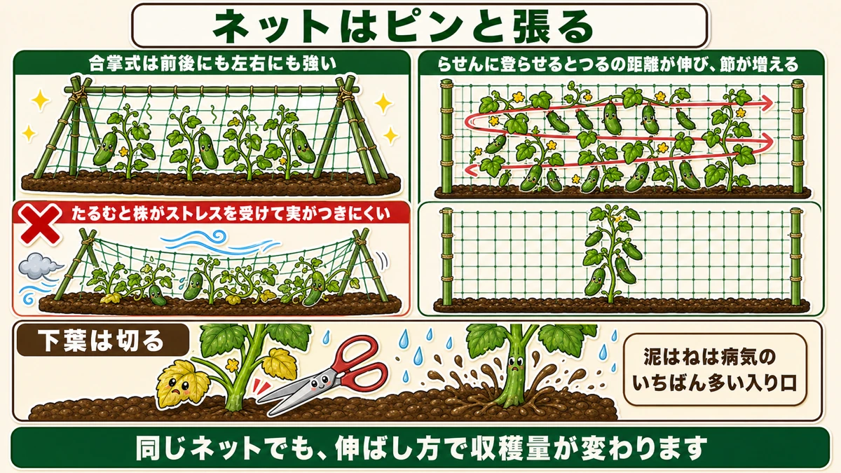 ネットはピンと張り、らせんに登らせる
