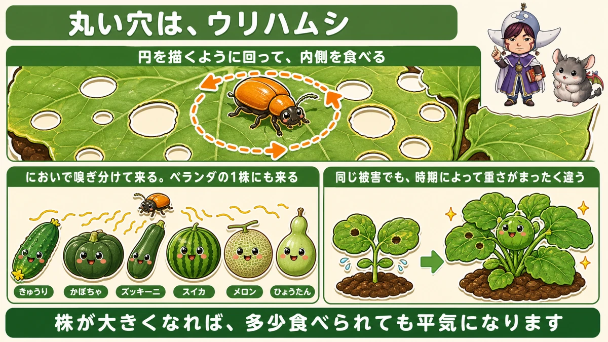 葉の丸い穴はウリハムシ